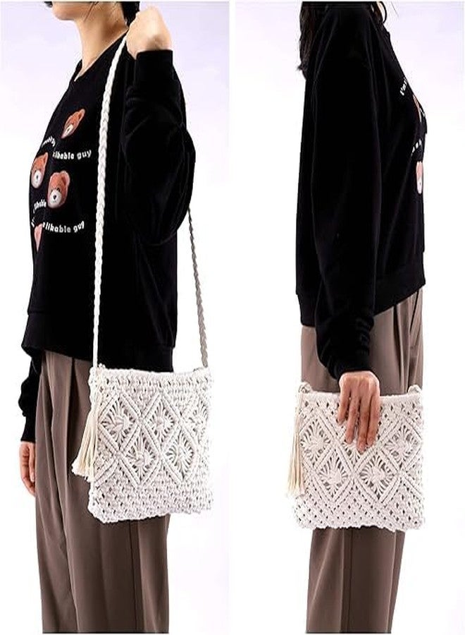 PARAH Women's Handwoven Crossbody Handbag Summer Beach Shoulder Handbag Cotton Crochet Woven Handmade Purse Bag Tassel For Ladies (White) - Image 3